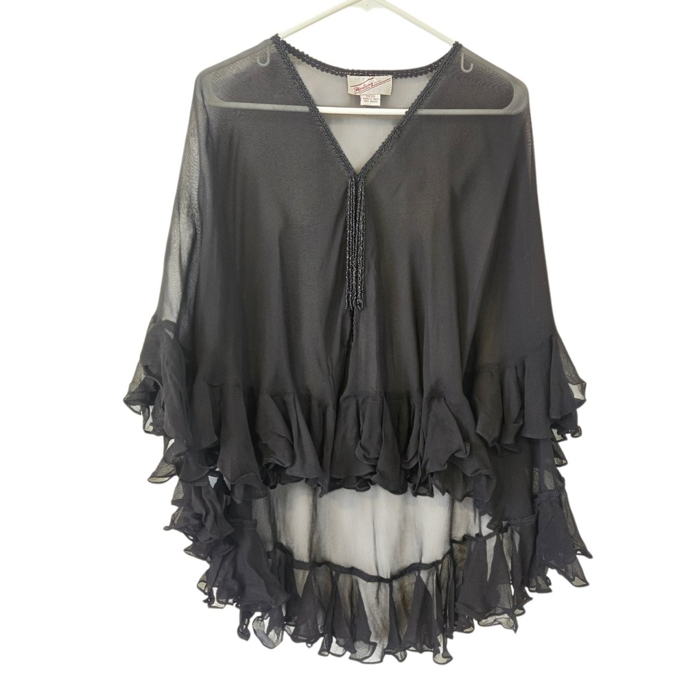 Sterling Styles Vtg Black Sheer Boudoir Bed Jacket Beaded Tassel Romantic Goth